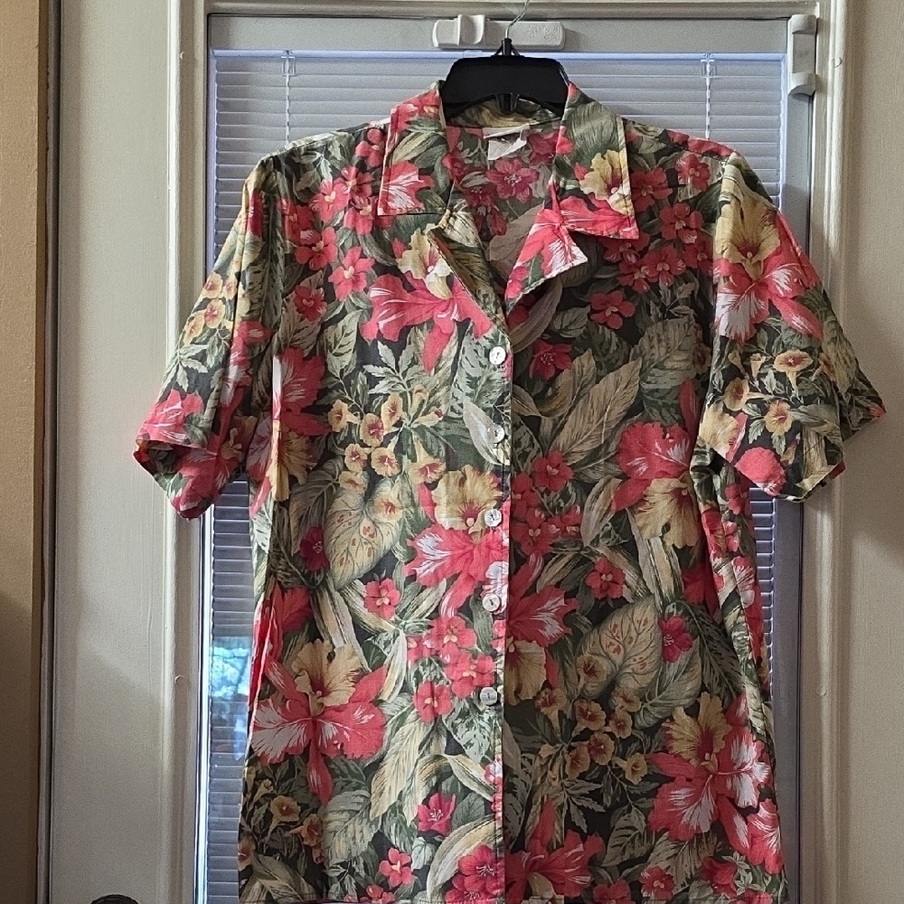 Bobbie Brooks Floral Button Down Shirt - Red, Green, Cream
